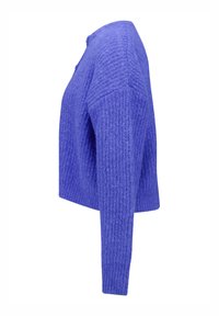 Purple knitted sweater with ribbed texture, crew neckline, and long sleeves, featuring a relaxed fit.