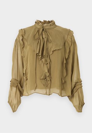 Blouse transparente vert olive avec col monté à volants, manches longues bouffantes et volants avant retombants avec fermeture à nouer.
