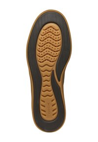 Suola di scarpa in gomma con una base marrone, trazione a motivo nero e perforazioni per la traspirabilità, con il logo "GEOX."