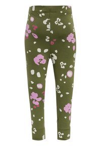 Gröna leggings med blommönster i rosa och vitt, tillverkade av mjukt material, med elastisk midja och figurnära passform.