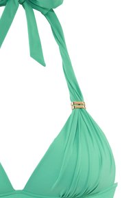 Turquoise bikini top with pleated design, adjustable tie straps, and gold-tone hardware accent at the neckline. Smooth, stretchy fabric.