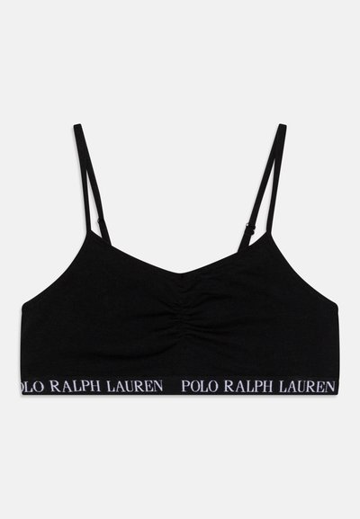 Črn bralette z nastavljivimi naramnicami, z nabranim sprednjim delom in pasom z belim besedilom "POLO RALPH LAUREN". Mehka tkanina.