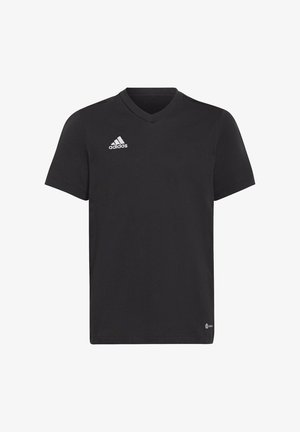 T-shirt noir à manches courtes avec un col en V, en coton, arborant un logo Adidas blanc sur la poitrine gauche et un petit logo sur l'ourlet.