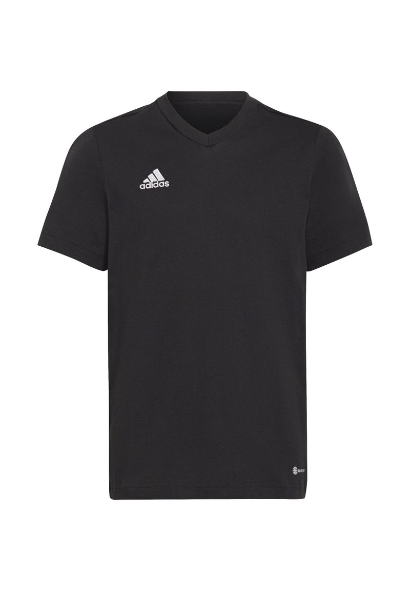 Black short-sleeve t-shirt with a v-neck, made of cotton, featuring a white Adidas logo on the left chest and a small logo at the hem.