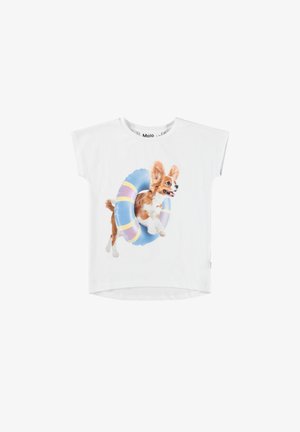 Wit kinder T-shirt met een opdruk van een kleine hond die door een blauw en geel opblaasring springt.