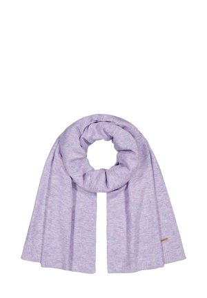 Light purple knitted scarf with a subtle marled texture, arranged in a loop with ends hanging down, featuring a small rectangular brand tag.