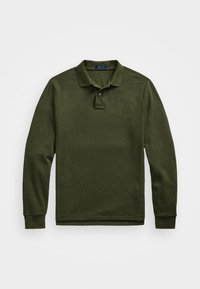 Long-sleeve polo in dark olive green cotton blend. Features a collar, three-button placket, and a small embroidered logo on the chest.