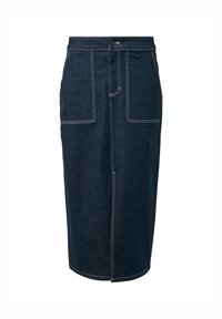 Dunkelblaue Denim-Rock mit geradem Schnitt, ausgestattet mit zwei Fronttaschen, sichtbaren Nähten und einem Knopfverschluss an der Taille.