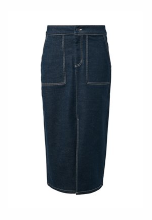 Donkere blauwe denim rok met een rechte snit, voorzien van twee voordo pockets, zichtbare stiksels en een knoopsluiting in de taille.