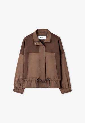 Brown jacket with a structured collar, zip closure, and elastic cuffs. Features a mix of textured materials and adjustable hem drawstrings.