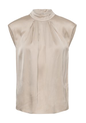 Bezrukávová béžová saténová blúzka s vysokým golierom a jemnými záhybmi okolo výstrihu, hladká textúra, voľný strih.