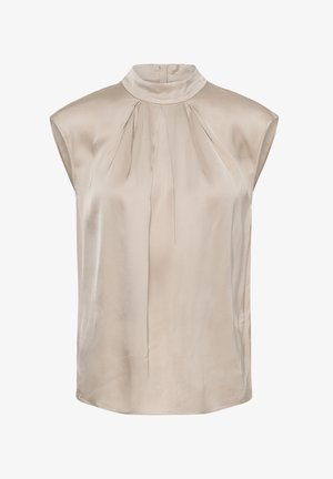 Bezrukávová béžová saténová blúzka s vysokým golierom a jemnými záhybmi okolo výstrihu, hladká textúra, voľný strih.