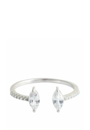 Open silver ring with two marquise-cut clear gemstones at the ends and small clear stones along part of the band.