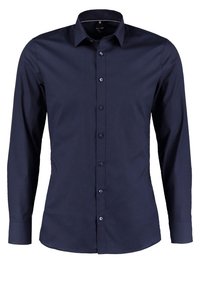 Navyblaues Langarmshirt aus glattem Stoff, mit klassischem Kragen, durchgehender Knopfleiste und taillierter Passform. Verfügt über sechs Knöpfe und saubere Nähte.