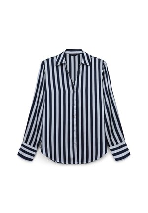 Chemise à manches longues avec des rayures verticales bleu marine et blanches, col pointu et poignets rayés, posée à plat sur fond blanc.
