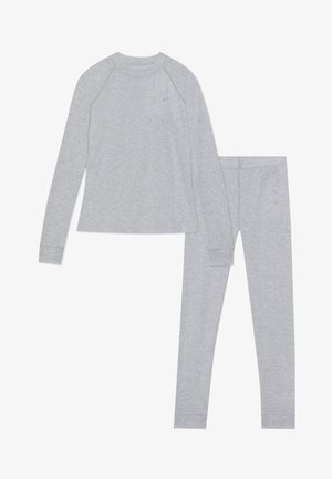 Haut à manches longues gris clair et leggings assortis disposés à plat, fabriqués en tissu tricoté doux avec des poignets et une taille côtelés.