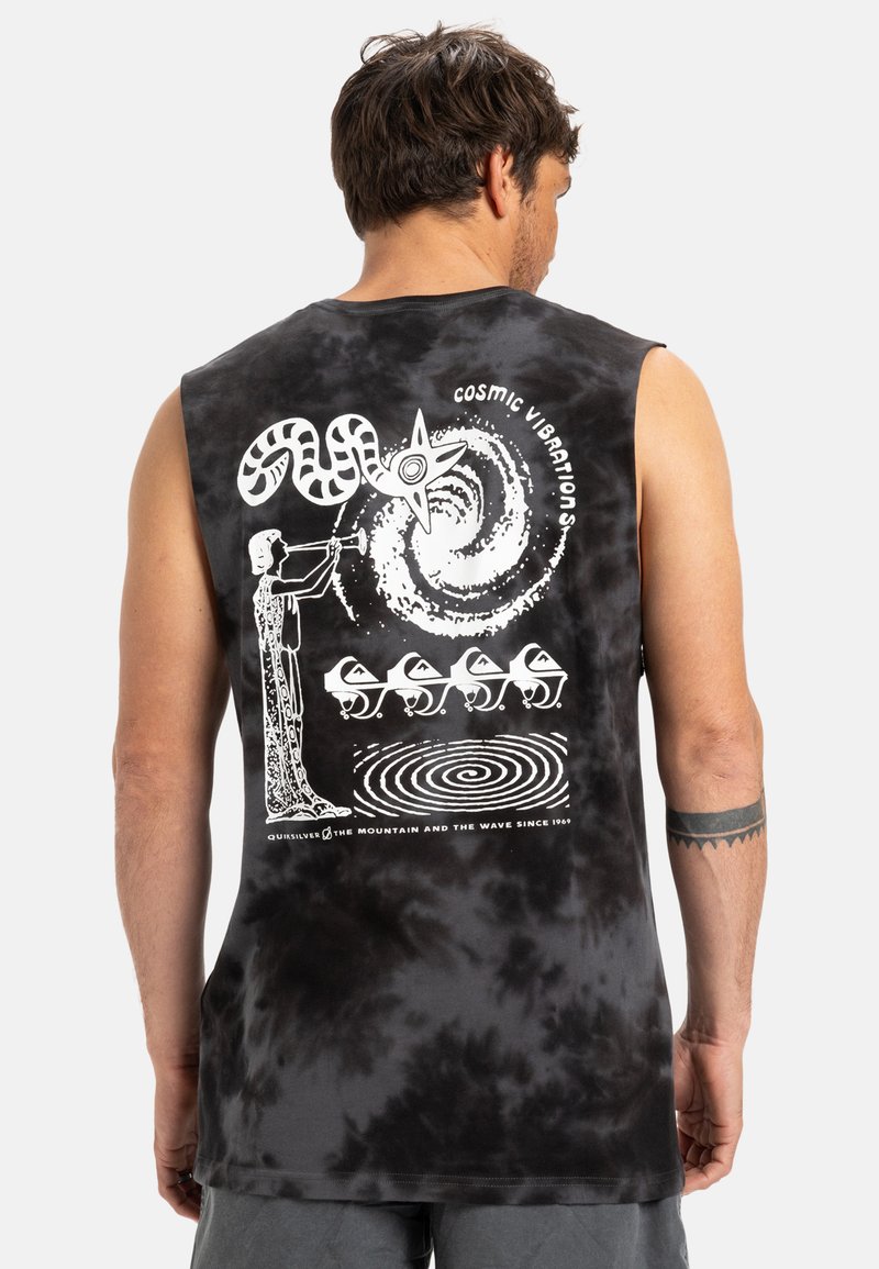 Black tie-dye sleeveless shirt features white graphics of a figure with a trumpet, a swirling design, and stylized accent details.