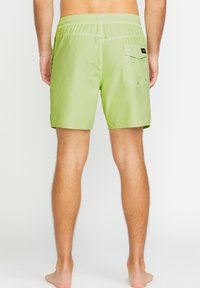 Pantaloni da bagno verdi con vita elasticizzata e tasca posteriore con patta. Tessuto morbido, design alla lunghezza del ginocchio, senza motivi visibili.