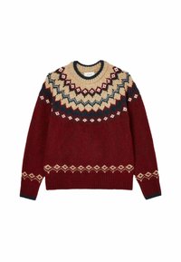 Roter Wollpullover mit rundem Ausschnitt, geometrisch gemustertem Einsatz in Beige, Marineblau und Creme, mit gerippten Bündchen und Saum.