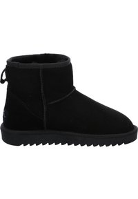 Schwarze Wildleder-Ankle-Boots mit runder Zehenform, weicher Fleece-Innenseite und strukturiertem Gummisohle. Verfügt über minimale Nähte und eine hintere Zuglasche.