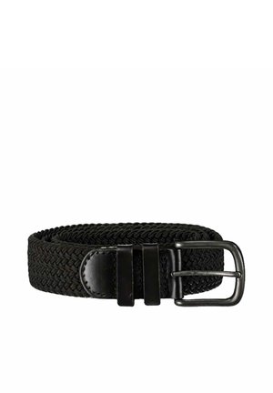 Ceinture en tissu tissé noir avec des accents en cuir noir et une boucle en métal noir, enroulée sur un fond blanc.