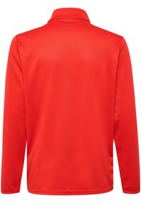Maglia rossa a maniche lunghe con collo, texture liscia e design minimalista. Nessun logo o motivo visibile sul retro.