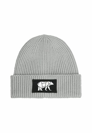 Light gray ribbed knit beanie with a folded edge and a black patch featuring a stylized white bear design.