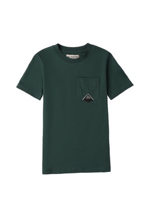 Grünes Baumwoll-T-Shirt mit Rundhalsausschnitt, kurzen Ärmeln und einer Brusttasche mit schwarzem, dreieckigem Aufnäher. Schlichtes, einfarbiges Design.
