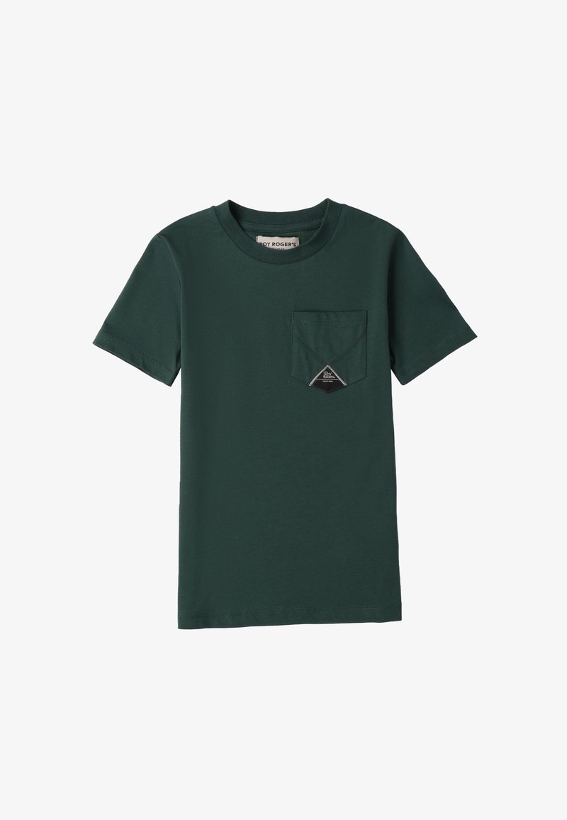 T-shirt en coton vert avec un col rond, des manches courtes et une poche poitrine avec un patch triangulaire noir. Design simple et uni.