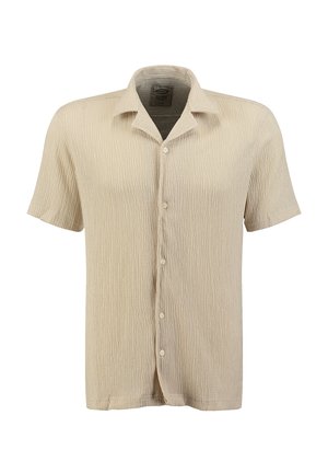 Beiges kurzärmliges Hemd mit Knöpfen aus strukturiertem Stoff und Camp-Kragen, vor weißem Hintergrund präsentiert.