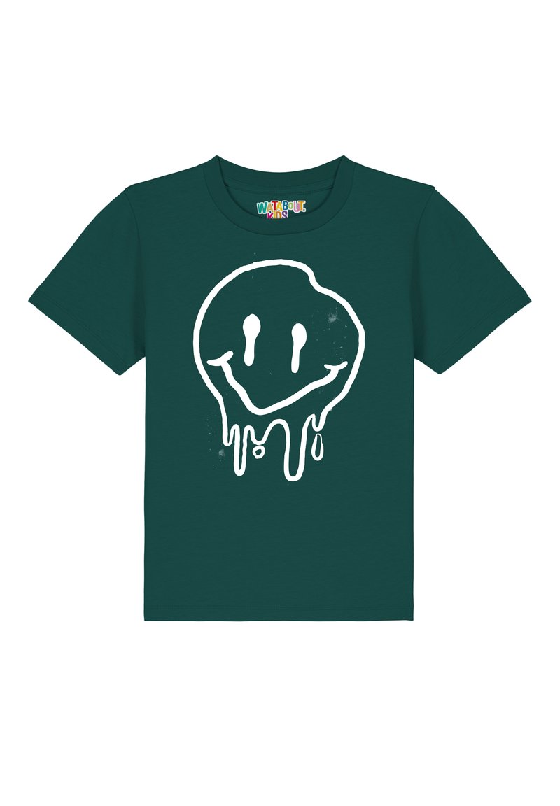 Türkisfarbene Baumwoll-T-Shirt mit einem weißen, tropfenden Smile-Gesicht-Graphic in der Mitte. Kurze Ärmel und runder Halsausschnitt. Weicher Stoff.
