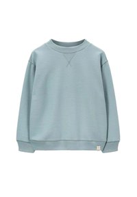 Lichtblauwe sweatshirt met een ronde hals, lange mouwen en geribbelde manchetten. Heeft een getextureerde afwerking en een klein merklabel aan de zoom.