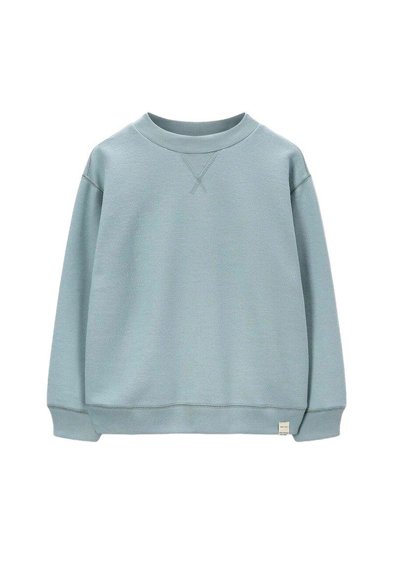 Lichtblauwe sweatshirt met een ronde hals, lange mouwen en geribbelde manchetten. Heeft een getextureerde afwerking en een klein merklabel aan de zoom.