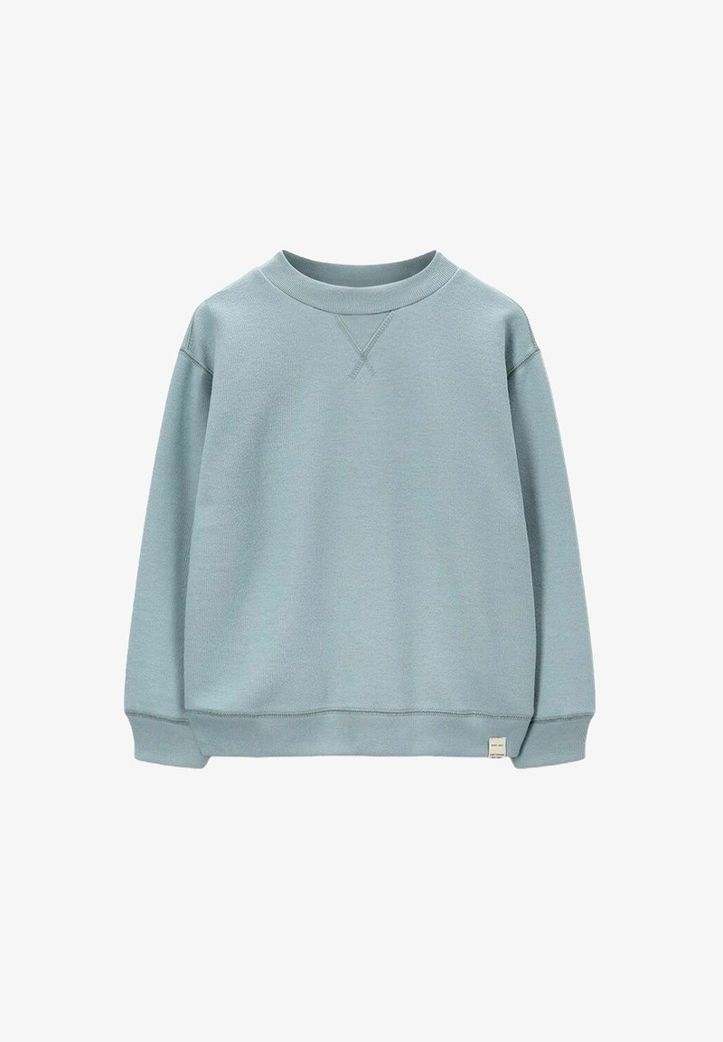 Lichtblauwe sweatshirt met een ronde hals, lange mouwen en geribbelde manchetten. Heeft een getextureerde afwerking en een klein merklabel aan de zoom.