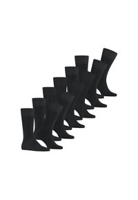Schwarze Socken im 10er-Pack, glatte Textur, mittellange Länge bis zur Wade, in einer einheitlichen Farbe ohne sichtbare Muster oder Akzente.