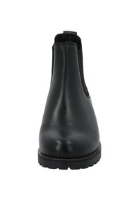 Svarta läderankelboots med en slät yta, elastiska sidopaneler, rund tå och en texturerad gummisula för grepp och hållbarhet.