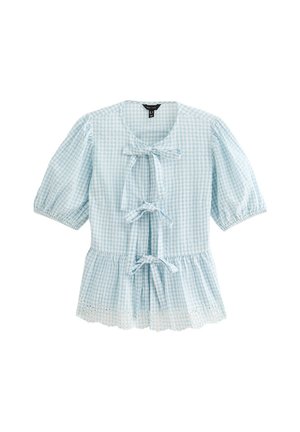 Light blue gingham blouse with short puff sleeves, rounded neckline, three front tie closures, and eyelet detailing at the hem.