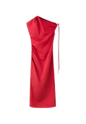 Vestido midi rojo de un solo hombro con detalle de lazo en un lado y una sutil abertura en el dobladillo, confeccionado en tela lisa.