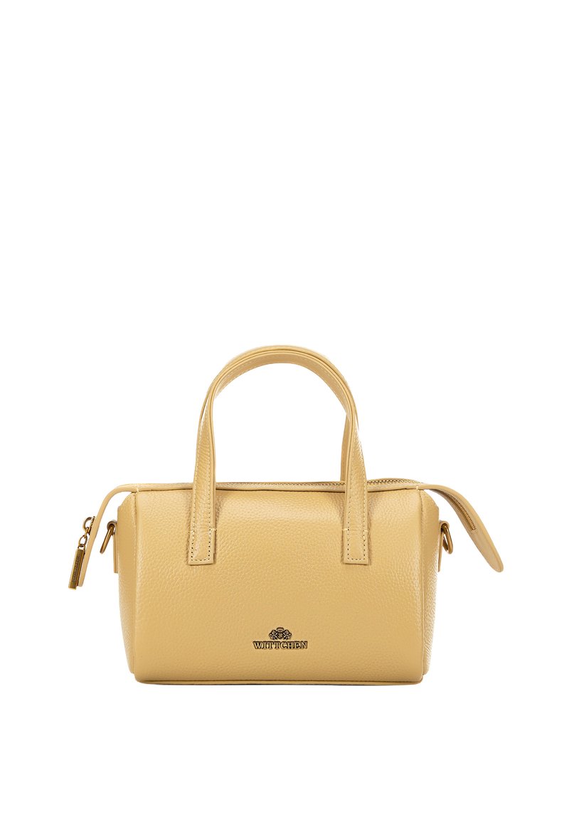 Borsa a mano gialla in pelle con finitura texture, manici doppi e chiusura a zip. Presenta un logo sottile sul davanti. Forma rettangolare compatta.