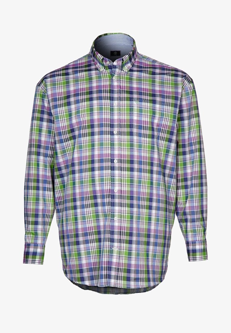 Overhemd met knopen in een ruitjespatroon met groene, paarse, blauwe en witte kleuren; gemaakt van lichtgewicht stof met lange mouwen en een puntige kraag.
