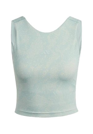 Top corto senza maniche azzurro chiaro con motivo leggermente screziato e scollatura arrotondata, progettato per abbigliamento sportivo o casual.
