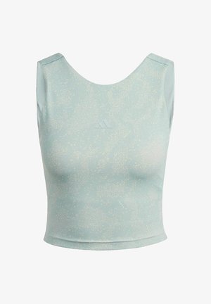 Light blue sleeveless crop top with subtle speckled pattern and rounded neckline, designed for athletic or casual wear.
