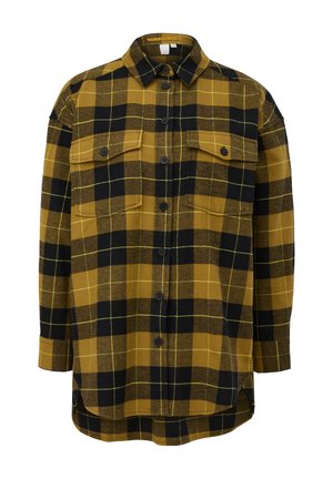 Geel en zwart geruite overhemden met twee borstzakken, knoopsluiting en contrasterende groene stiksels; gemaakt van een textuur stof, lange mouwen.