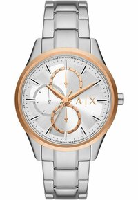 Silberne Edelstahl-Uhr mit einer roségoldenen Lünette, weißem Zifferblatt und drei Subdials. Verfügt über ein gliedriges Armband und ein schlankes, minimalistisches Design.
