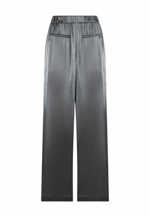 Pantaloni a gamba larga in satin grigio con cintura elastica, due tasche frontali e una trama liscia, caratterizzati da una leggera lucentezza.
