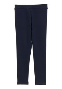 Leggings bleu marine en tissu extensible, dotés d'une bandeau large et d'une texture lisse et uniforme sans coutures visibles.
