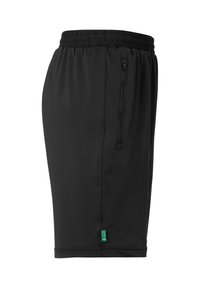 Zwarte sportshorts met een elastische tailleband, zijzak met rits en een klein groen logo-label aan de zoom. Glad, synthetisch materiaal.