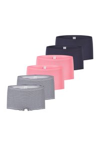 Ett paket med fem hipsterbyxor i olika färger: två enfärgade marinblå, en enfärgad rosa och två randiga i marinblått och vitt. Mjuk tyg, elastisk midja.