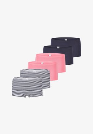 Verpakking van vijf hipster shorts in verschillende kleuren: twee effen marineblauw, één effen roze, en twee gestreepte marineblauw-wit. Zachte stof, elastische tailleband.