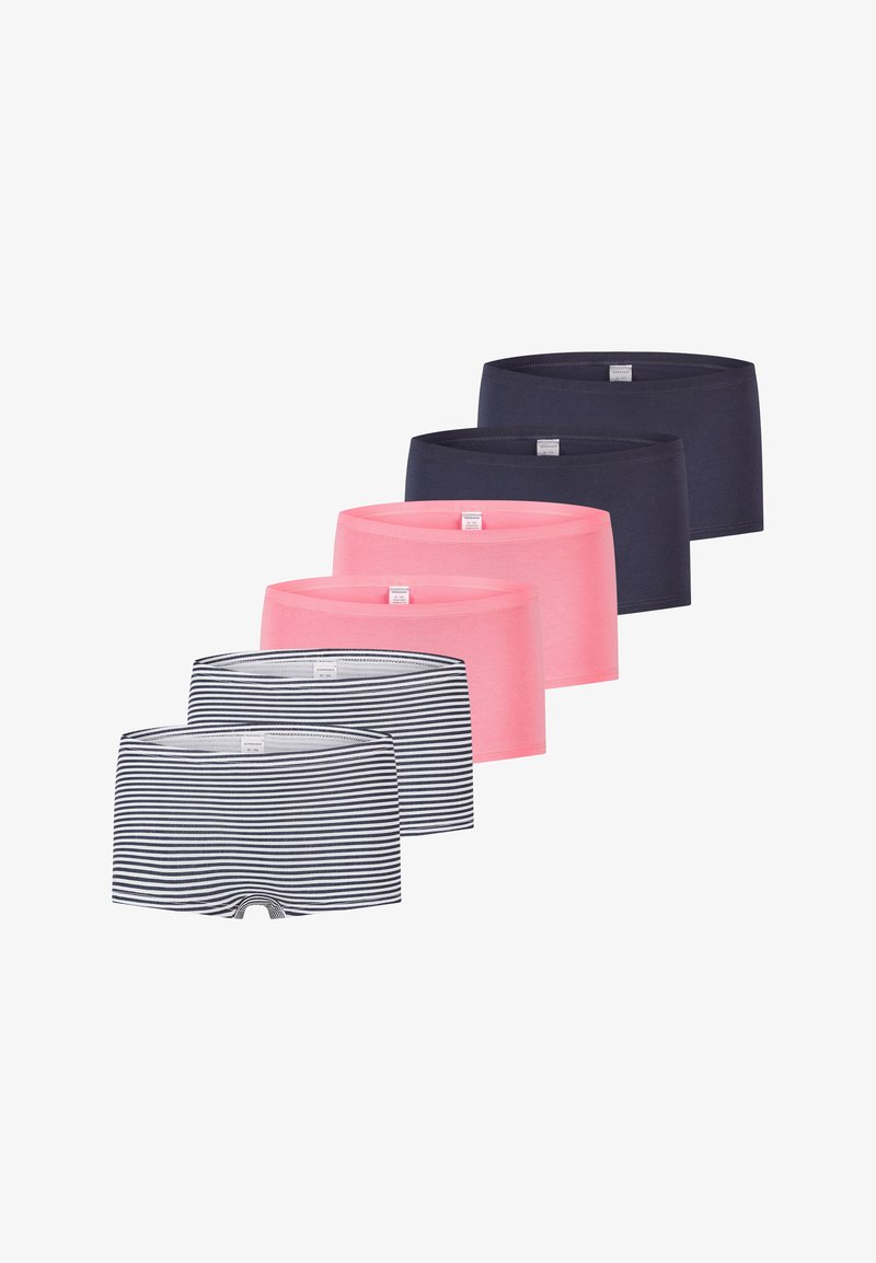 Confezione di cinque pantaloni corti hipster in vari colori: due blu navy solidi, uno rosa solido e due a righe blu navy e bianche. Tessuto morbido, cintura elastica.